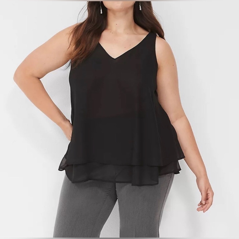Lane Bryant Black Swing Tank Top Womens Plus Size 16 1X Sheer Layered V Neck